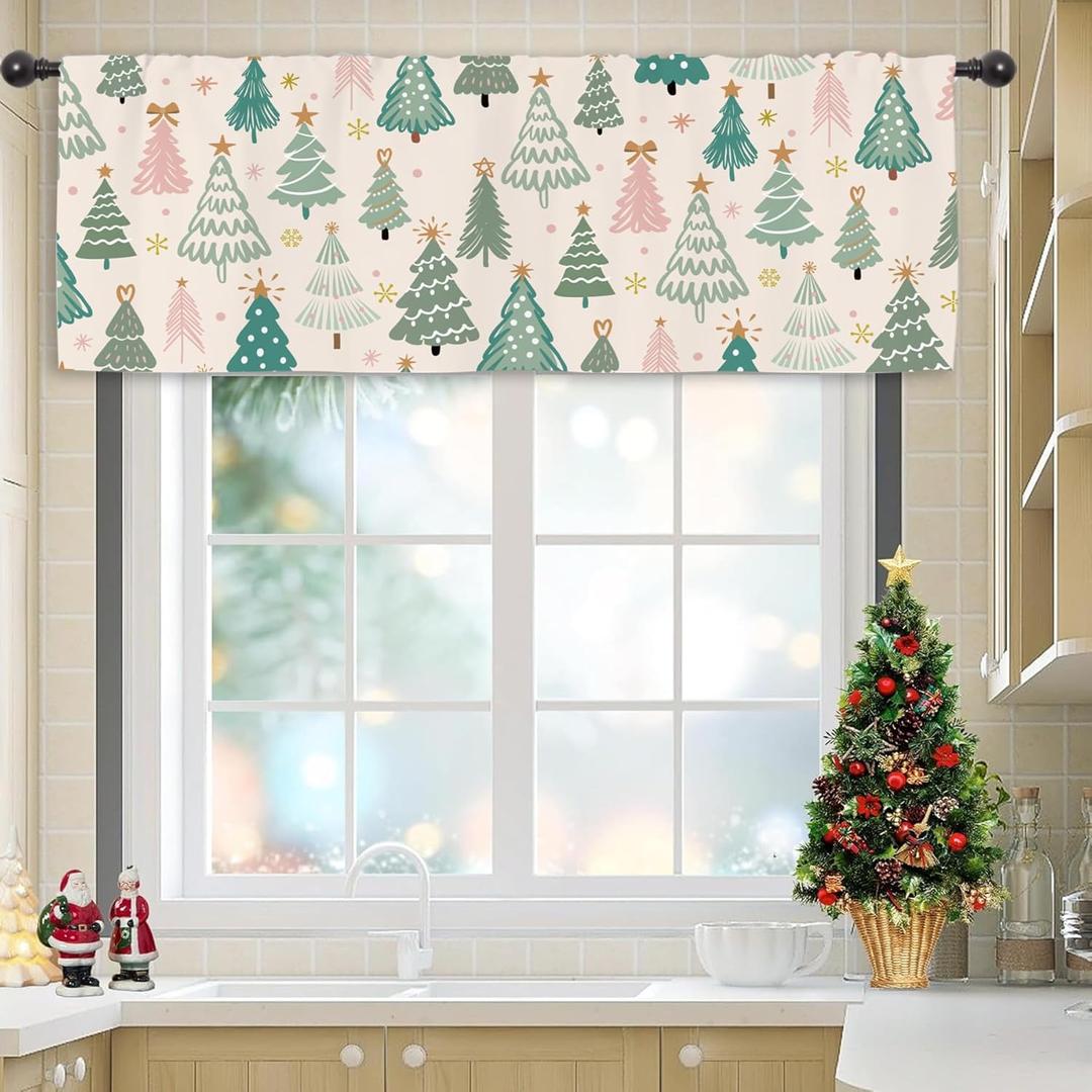 Yookeb Cute Christmas Pine Tree Kitchen Valance Curtains 54W x 18H Rod Pocket Winter Xmas Holiday Pink Sage Green Decor Bathroom Bedroom Living Room Window Door Drapes Treatment