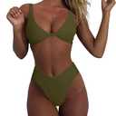 geluboao Army Green High Cut Swimsuit for Women Two Piece Sexy V Neck Push Up Swim Bras Cute High Waisted High Leg Thong Bottom M