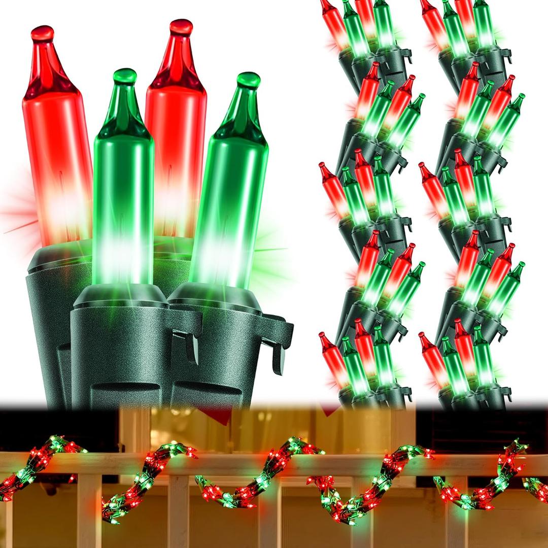 2 Pcs 9' 300 Bulb Christmas Garland String Lights, Incandescent Christmas Connectable Garland Indoor Outdoor Lights for Patio Banisters Columns Xmas Tree Decor (Red/Green Lamps,Green Wire)