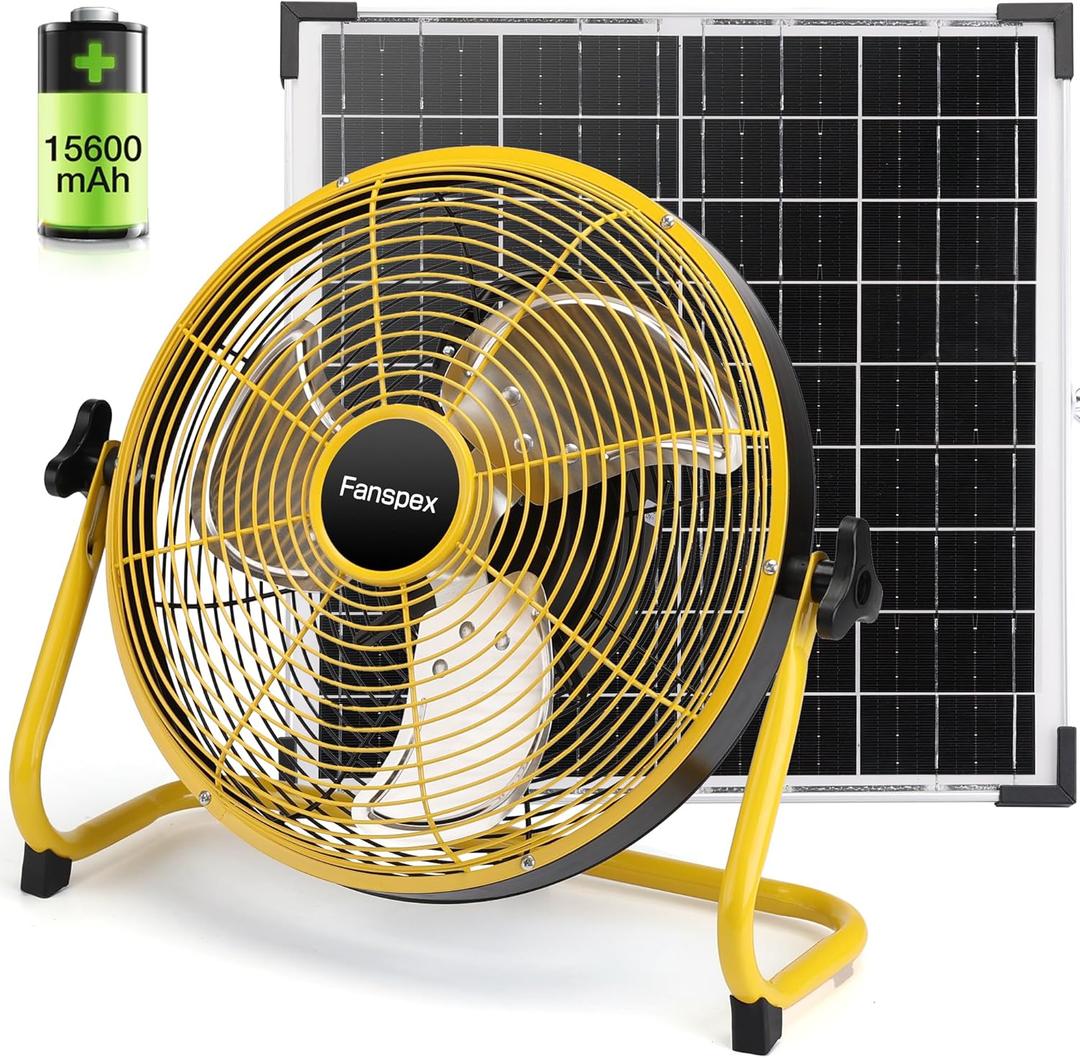 14" Solar Rechargeable Floor Fan for Outdoor, 15600mAh Battery Operated Fan with 20W Solar Panel Powered for Patio Gazebo Camping, 360 Tilt (5.3m/s Airflow)