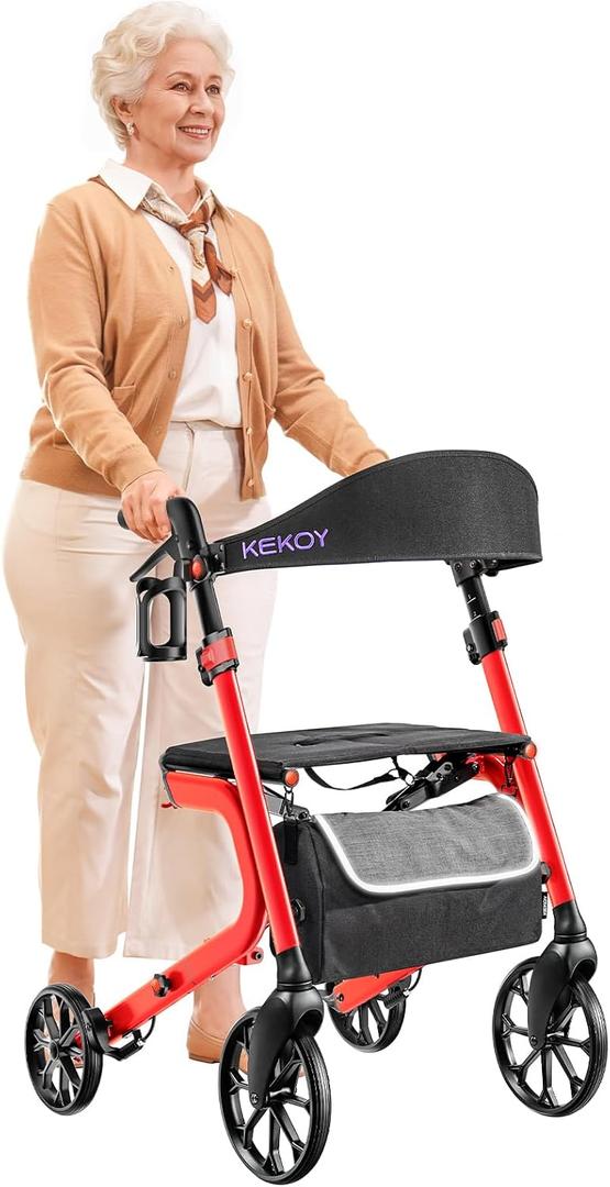 KEKOY Rollator Walkers for Seniors with Seat, 400 lb Foldable Walker - Red