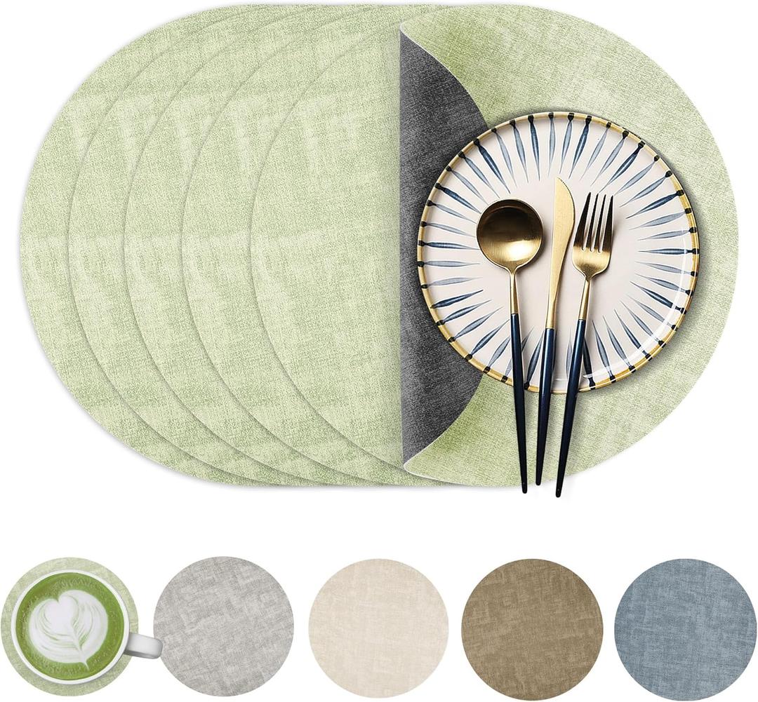 Round Faux Leather Placemats Set of 6, Waterproof Anti-Slip Dual Sided Placemats, Heat Resistant Washable Table Mats with Coaster, Suitable for Indoor & Outdoor (6, Black Light Green)