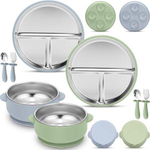 Nuogo 8 Pcs Stainless Steel Kids Plates and Bowls Set with Suction Stainless Steel Baby Plate, Toddler Bowls, Forks, Spoons with Removable Silicone Suction Silicone Baby Feeding Set, Dishwasher Safe