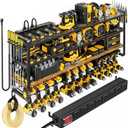 Power Tool Organizer Wall Mount with Charging Station, 4 Tier Tool Battery Storage Rack Built in 8 Outlet Power Strip for Garage, 49" W, Black Wood