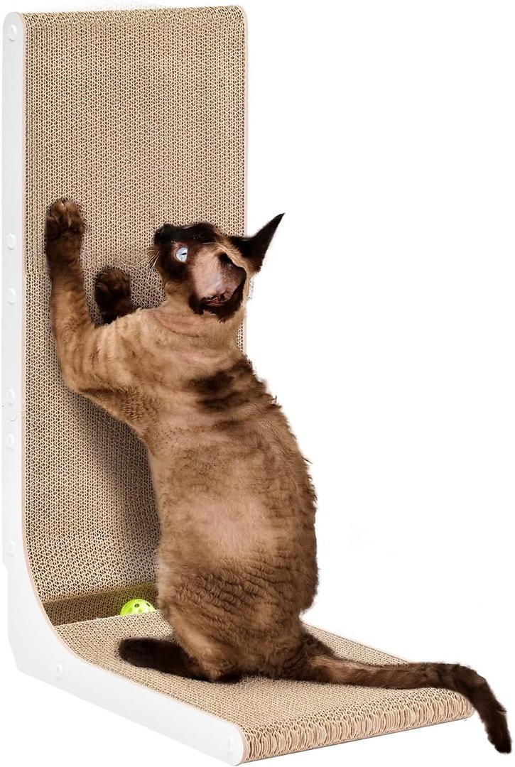 EHEYCIGA Cardboard Cat Scratcher for Indoor Cats, 26.8 Inch L Shaped Vertical Cat Scratching Board with Ball Cat Toy, Large Cat Scratcher Pad, White