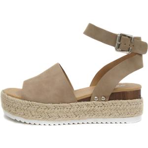 Soda Topic Open Toe Buckle Ankle Strap Espadrilles Flatform Wedge Casual Sandal (11, Dark Natural)