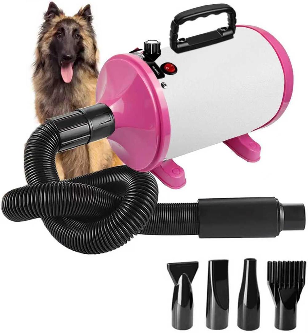 High Velocity Professional Dog Grooming Dryer,Adjustable Temperature and Speed Hair Dryer for Pets with 4 Nozzles (White Pink)
