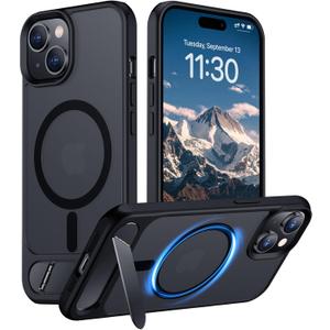 Temdan Magnetic Compatible with iPhone 15 Plus Case & iPhone 14 Plus Case, [Built-in Invisible Kickstand][Compatible with MagSafe][Military Grade Shockproof] Slim Translucent Matte Phone Case 6.7" (Black)