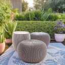 Keter Urban Knit Pouf Ottoman Set of 2 with Storage Table for Patio and Room Dcor - Perfect for Balcony, Deck, and Outdoor Seating, Grey & White
