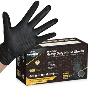 TitanFlex Thor Grip Heavy Duty Black Industrial Nitrile Gloves with Raised Diamond Texture, 8-mil, Latex Free (XL (Pack of 100))