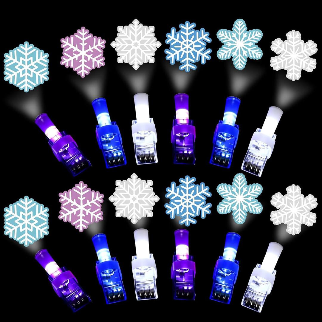 Tuanse 24 Pcs Snowflake Finger Lights, Glow in The Dark Party Favors Bulk for Kids, Winter Princess Birthday Supplies, Light up Finger Lights for Prizes, Piata Stuffers and Party Decorations