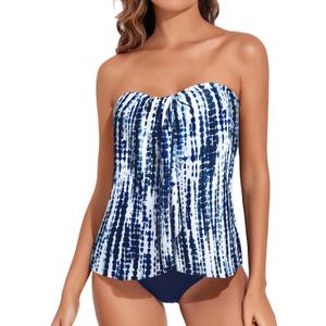 Tempt Me Blue Tie Dye Two Piece Tankini Bathing Suits for Women Halter Bandeau Swim Top with Bottom Flyaway Tummy Control Swimsuit, Medium