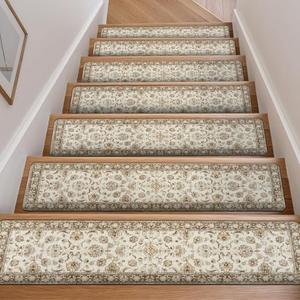 OJIA Vintage Stair Treads Non-Slip Stair Runners for Wooden Steps Indoor 15PCS 30"x8" Carpet Stair Treads Mats Staircase Step Treads for Kids, Elders and Dogs, Stair Covers, Beige