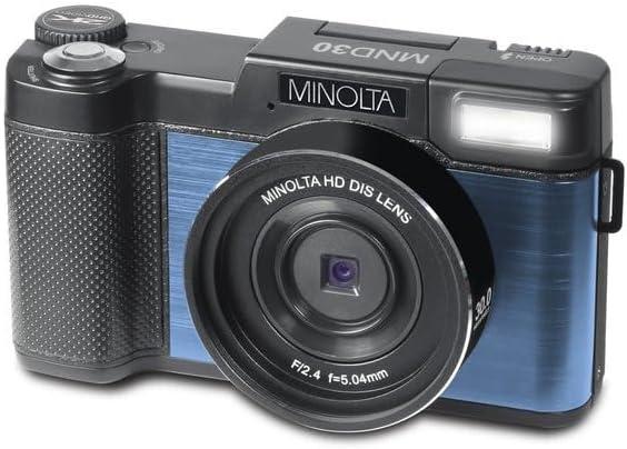 Minolta 30MP Digital Camera 2.7K Ultra HD Video, 3-inch 180 LCD Screen, Face Detection, Anti-Shake, 9 Scene Modes, Photo Burst, Panorama, CMOS Sensor, 32GB Card (Blue) 
