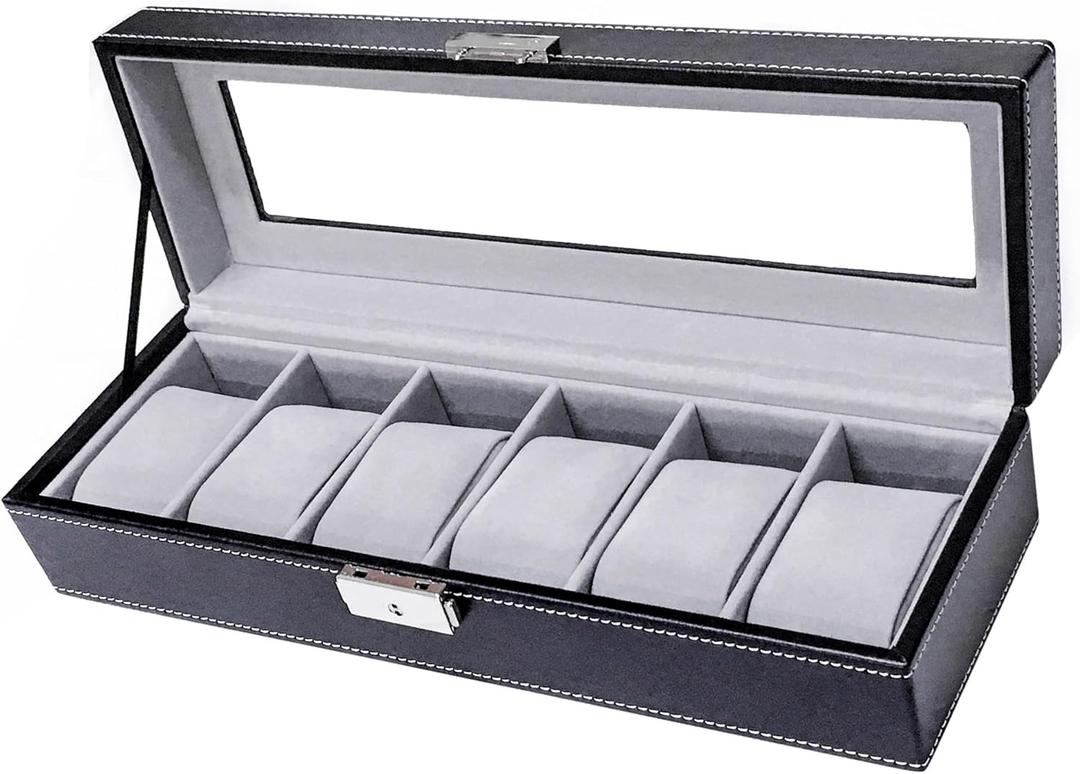 Watch Case Watch Box for Men - Watch Cases Display Holder Organizer Stand Storage Multi Boxes 6 Slot Small Leather Personalized Multiple Watch Container with Lock for Women,PU Watch Holders,Black