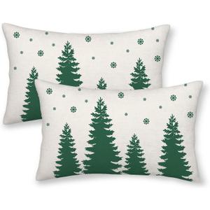 CXMEIFLY Christmas Pillow Covers 12x20 Inch Set of 2 Cream Sage Green Christmas Tree Snowflakes Decor Throw Pillows Winter Xmas Holiday Outdoor Lumbar Cushion Cases for Couch Bed Decorations