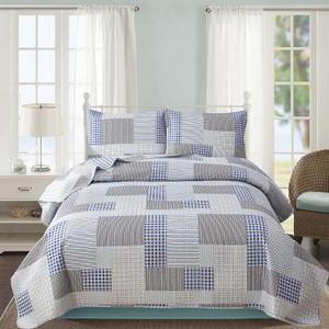 Plaid Ultra Lightweight Quilt Set Queen Size (90"x90") Blue Gray White Stripes Checkered Pattern Coverlet Bedding Sets Tartan Grid Reversible Bed Cover Sets for All Season Use,1 Quilt, 2 Pillow Shams
