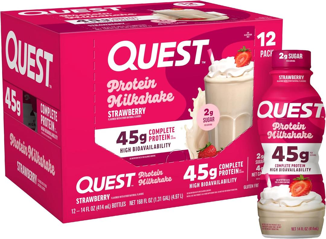 Quest Nutrition Strawberry Protein Shake, 45g Protein, 2g Sugar, 4g Net Carbs, Ready to Drink, Gluten Free, 12 Count (EXP 02/18/27)