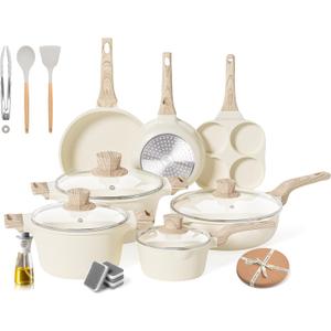 Caannasweis 20Pcs Cookware Sets, Nonstick Pots and Pans Set, Granite Induction Cookware, Non Stick Kitchen Cooking Set, Cream White Egg Pan Set, PFOS PFOA Free (20 Piece Egg Pan Set)