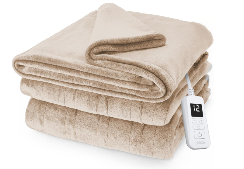 Sunbeam Electric Royal Posh Velvet Heated Blanket, 12 Heat Settings, 12-Hour Selectable Auto Shut-Off, Fast Heating, Warm and Lush, Champagne Color, Twin, 84" x 62"