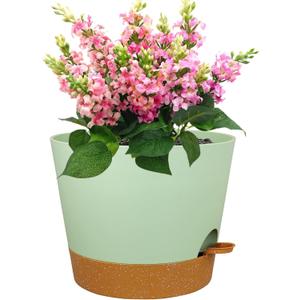 Meowell 12 inch Large Self Watering Pots for Indoor Outdoor Plants, Flower Plant Pots with Drainage Holes for Garden House Plants, Plastic Planters with Reservoir for Home, Green with Brown