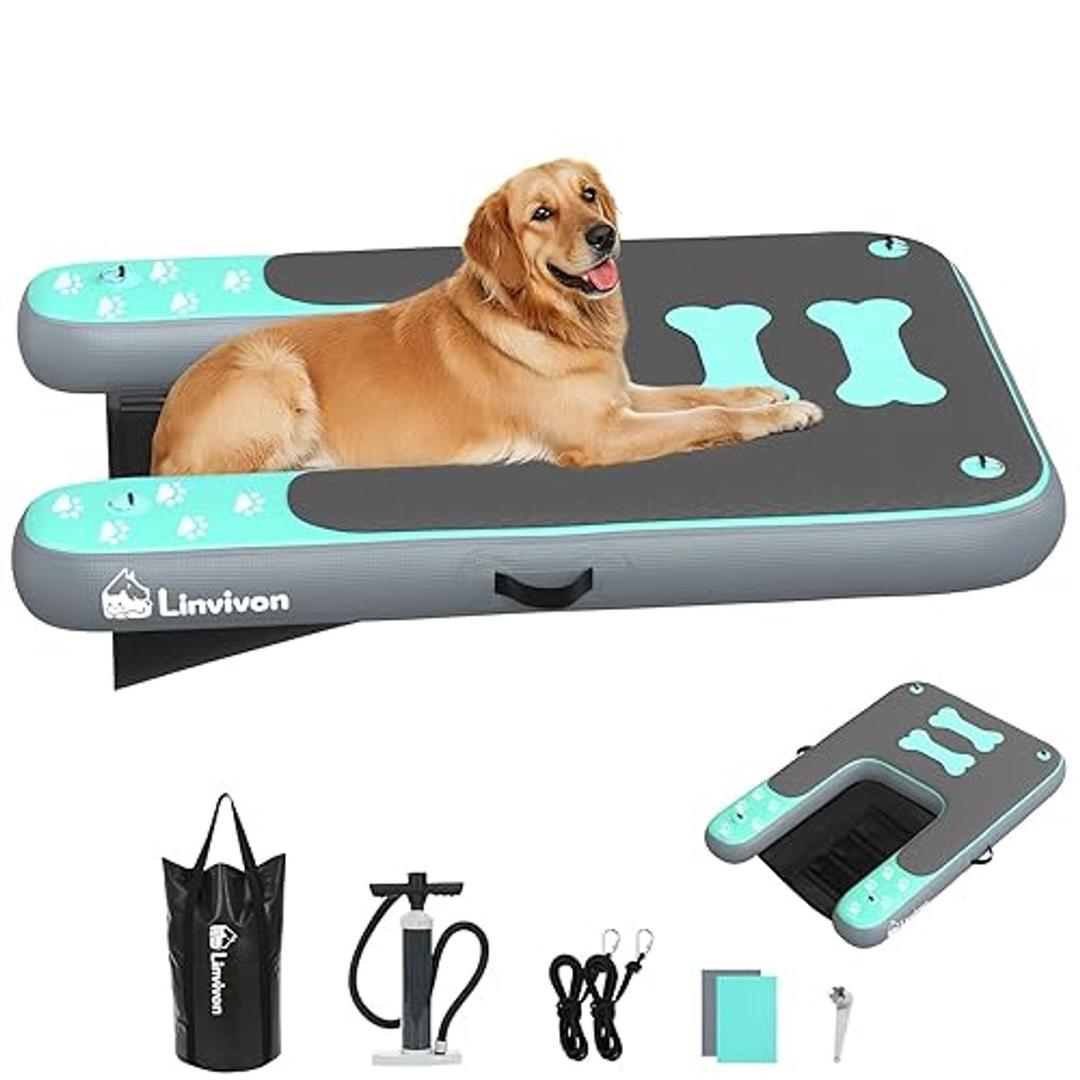 Linvivon Inflatable Dog Boat Ramp For Dogs Up To 240 Lbs, Inflatable Dock Floating Platform | With Anti-Slip EVA Foam Safe & Easy Water Access, Dog Ramp For Boat, Pools, Lakes, Boats, Docks, Green