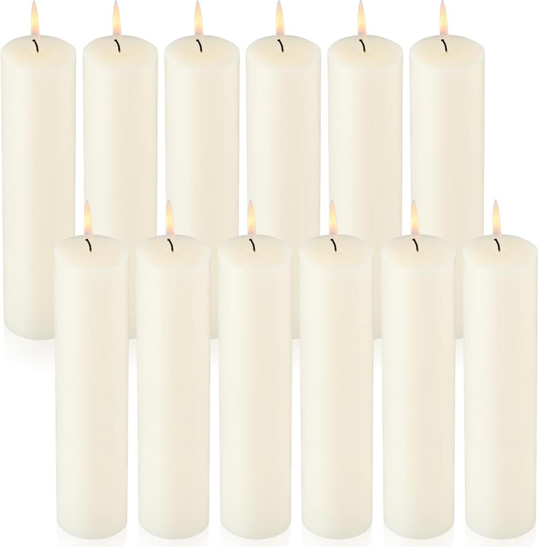 Lounsweer 12 Pack Ivory Pillar Candles Bulk Large Unscented Paraffin Wax Long Lasting Candles Clean Burning Supplies for Home Decor Wedding Party Dinner Bath Spa(2 x 8 Inch)