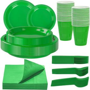 WELLIFE 210 PCS Green Plastic Plates for 30 Guests - Disposable Dinnerware Set Including Dinner Plates, Dessert Plates, 12oz Cups, Cutlery & Napkins, Green Party Plates