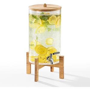 2 Gallon Glass Drink Dispenser with Stand, Beverage Dispenser with Wood Lid and Stainless Steel Spigot, Glass Water Dispenser for Parties, Ideal for Juice, Tea, Lemonade, and More (Crackle Finish)