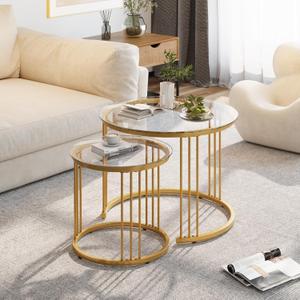 Huhote Round Coffee Tables, Set of 2 End Table, Nesting Tables, Side Table with Metal Frame for Living Room/Bedroom/Balcony/Office/Apartment, Diameter 23.6/15.7 IN (Gold with Clear Glass)