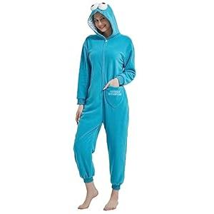 HvnTjvn Cookie Monster Onesie Adult,Animal One Piece Costume Zip Up Unisex Pajamas Sleepwear Homewear for Halloween Christmas Women Men Blue S