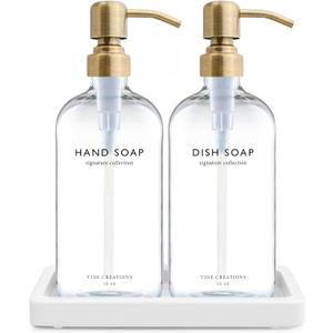 Vine Creations Glass Soap Dispenser Set, Kitchen Soap Dispenser Set with Ceramic Tray, 16 oz Dish Soap and Hand Soap Dispensers with Stainless Steel Pump Decor (Clear Bottle/Brushed Brass)