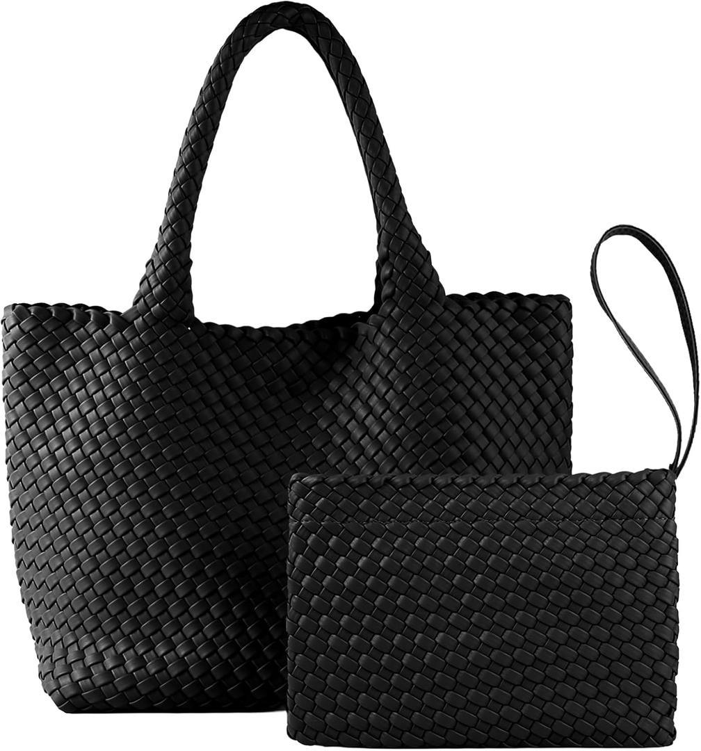 Woven Tote Bag for Women, Vegan Leather Handwoven Bags with Small Handmade Purse, Large Travel Beach Braided Top Handle Handbags (Black)
