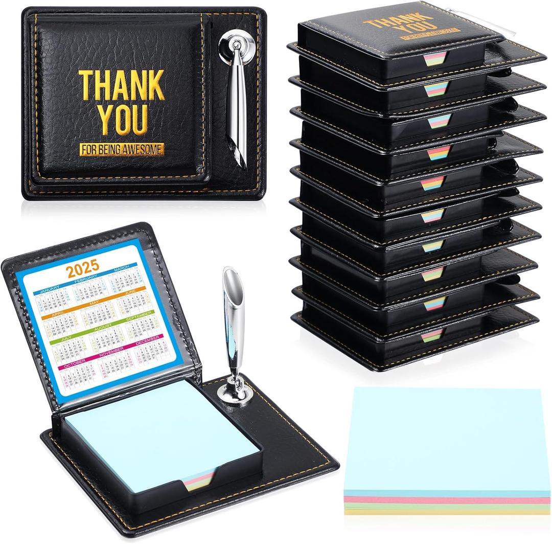 Tenceur 10 Pcs Valentine Employee Appreciation Gifts Bulk, Thank You PU Leather Sticky Note Holder with Cards Inspirational Office Desk Accessory for Teachers Coworkers(Motivational Staff)