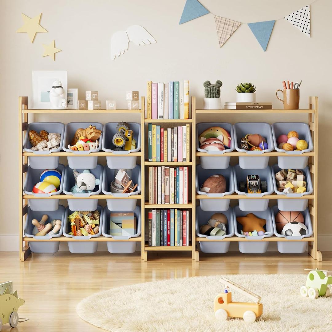 SpaceAid Large Toy Storage Organizer with 6 Shelves and 18 Bins, Book Shelf Organizers Storage Bookshelf, Kids Bin Shelf Box Bookcase for Bedroom Playroom Organization Room Decor, Neutral Gray, 59.4"W, 6 Shelves, 18 Bins