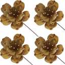 4 Pack Artificial Magnolia Flowers for Christmas Party - 9Inch Glitter Gold Magnolia Flower Picks with Stems for Xmas Tree Holiday Party