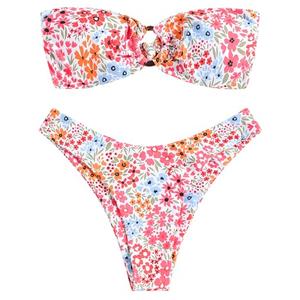 ZAFUL Women's Bandeau Bikini O Ring Strapless Tie Back High Cut Two Piece Swimsuit Bathing Suits (5-Floral Pink, S)