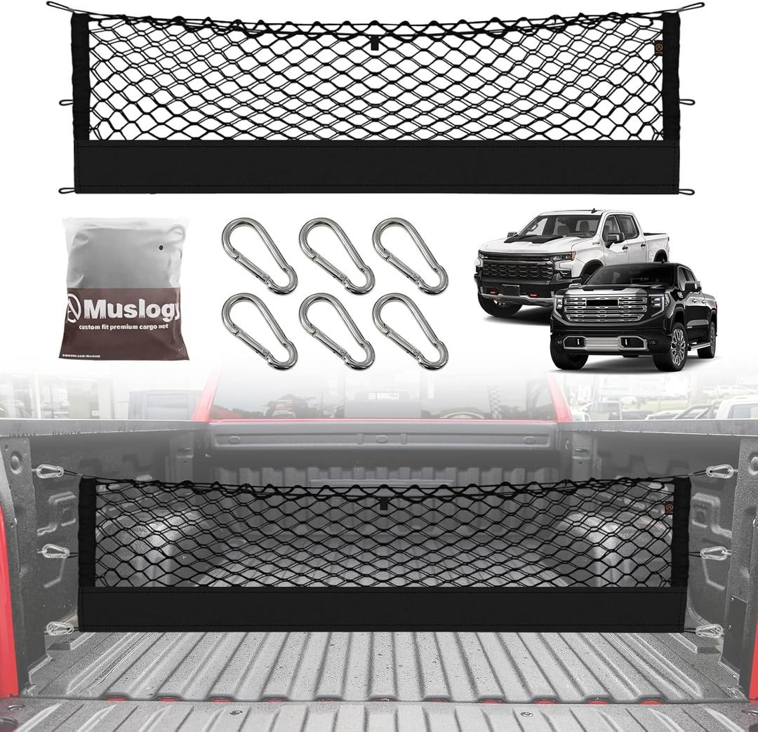 Muslogy Truck Bed Cargo Net Compatible with 2013-2026 Chevy Silverado & GMC Sierra 1500/2500HD/3500HD Accessories Storage Organizer Pickup Truck Bed Envelope Style Cargo Net with Heavy Duty Carabiners