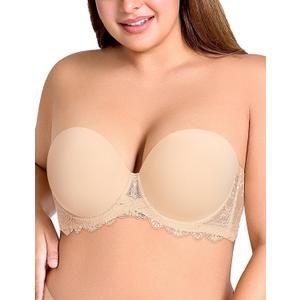 Strapless Bras for Women Padded Convertible Non Slip Full Coverage Bra Underwire Support (Beige)