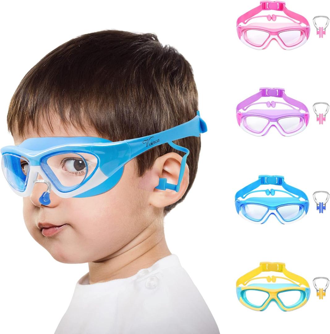 Vvinca Kids Swim Goggles for Kids 3-12, 2024 Upgraded Design with Ear & Nose Plug, Wide View Anti-Fog No Leak Water Pool Goggle (Blue)