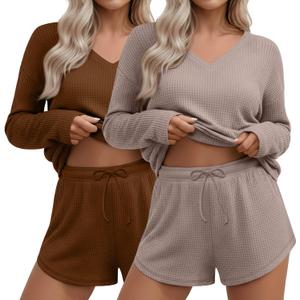 2 Pack Women's Waffle Knit Lounge Sets Long Sleeve V Neck Pajama Sets Tops and Shorts Loungewear with Pockets (Medium, Caramel, Khaki)