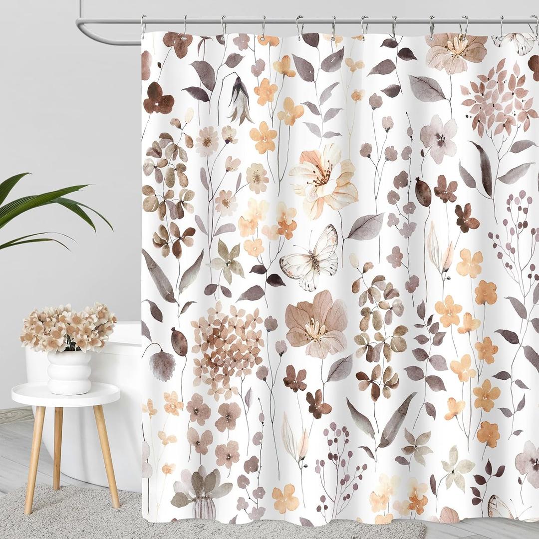 Brown Floral Shower Curtain, Fall Flower Fabric Shower Curtains for Bathroom, Taupe Wildflower Butterfly Cloth Shower Curtain Set with Hooks, 72x72