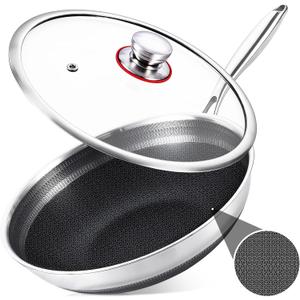 LOLYKITCH 13 Inch Hybrid Nonstick Wok with Lid, Double-Sided Honeycomb Stainless Steel Wok Pan, Long Handle, Induction Compatible, Oven & Dishwasher Safe