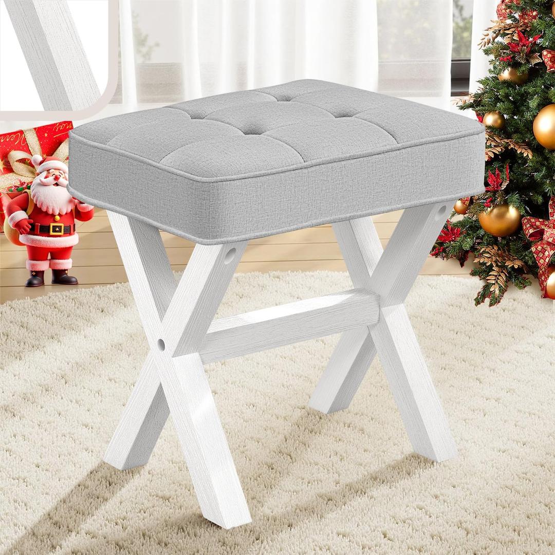 Ottoman Foot Stool, Upholstered Cushion Vanity Stool with White Wood X-Leg,Make up Stool for Vanity,18 Inch Fabric Foot Stool, Rectangle Makeup Stool for Bedroom,Living Room,Light Grey
