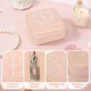 Holy Communion Travel Jewelry Box, First Communion Gifts Jewelry Case for Women, Religious 1st Holy Communion Baptism Gift Small Square Container with Zipper for Rings Earrings Necklaces, Pink (1)
