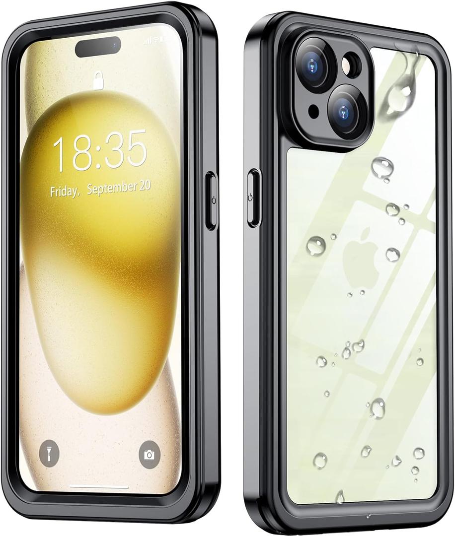 SPIDERCASE for iPhone 15 Plus Case Waterproof, Built-in Screen & Camera Lens Protector [IP68 Underwater][12FT Military Shockproof] Full Body Protection Phone Case, Black/Clear