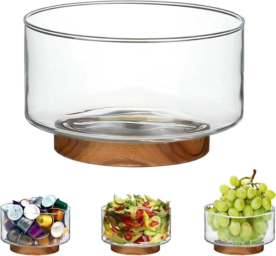 Coffee Pod Holder, Glass Salad Bowl with Acacia Wood Base, Large Capacity K Cup Organizer for Kcup Creamer Storage, Espresso Capsule Holder Coffee Bar Accessories 7 Inch1 Pack