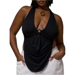 Floerns Women's Plus Size 3D Floral Draped Halter Tops Sleeveless Tie Open Back Tank Top (Black, XXL)