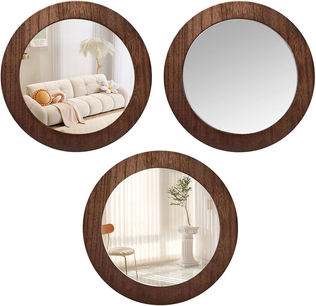 3 PCS Wood Wall Mirrors Decorative, 8 Inch Round Rustic Farmhouse Natural Wood Shatterproof Acrylic Decorative Mirror for Living Room, Bathroom, Bedroom and Entryway (Not Real Glass)