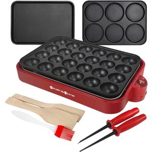 Multifunction Nonstick Baking Maker with 3 Interchangeable Baking Plates for Fried Eggs, Fried Steak, Takoyaki, Cake Pops, Grill Maker, RED-1